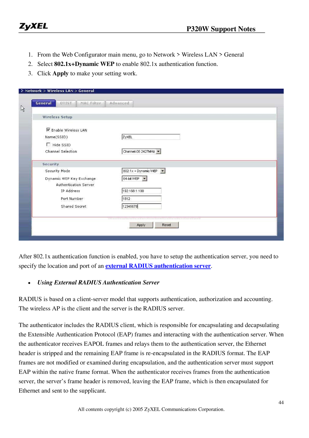 ZyXEL Communications 320W manual Using External Radius Authentication Server 