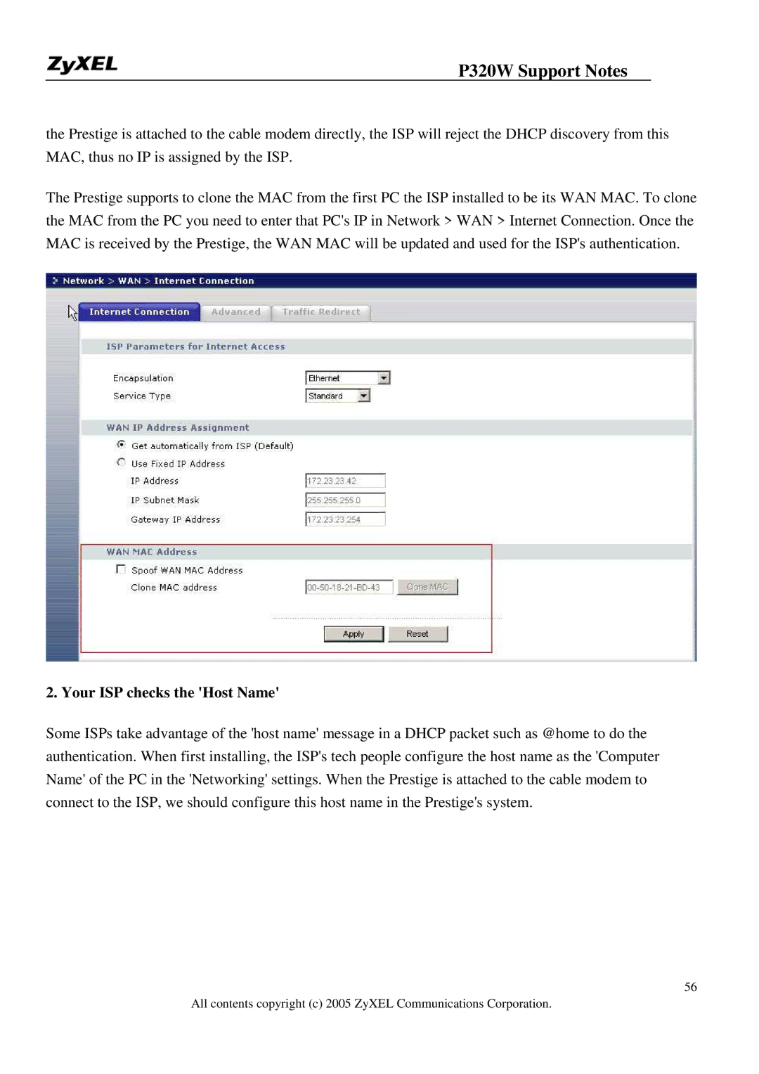 ZyXEL Communications 320W manual Your ISP checks the Host Name 