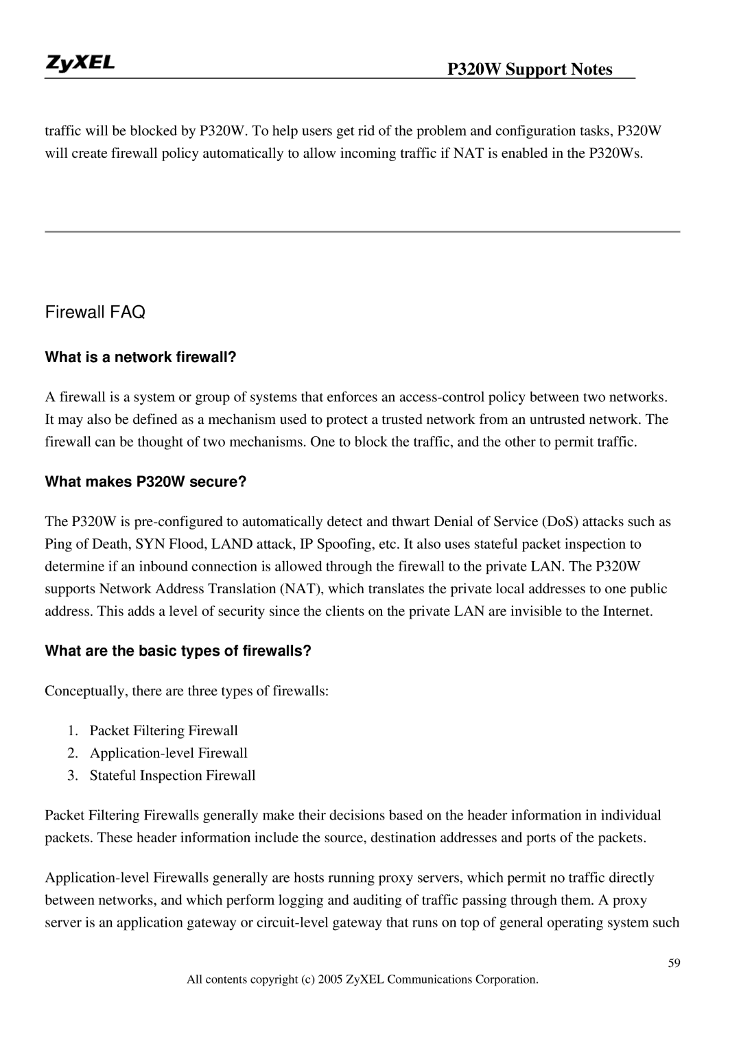 ZyXEL Communications What is a network firewall?, What makes P320W secure?, What are the basic types of firewalls? 