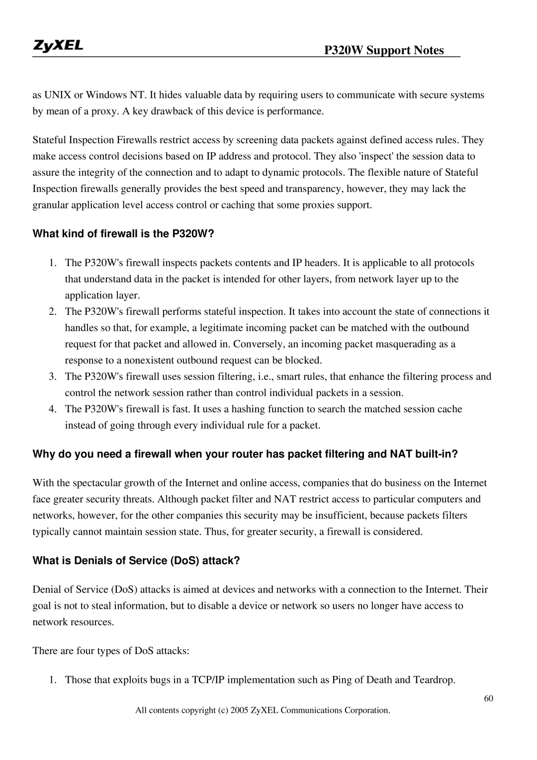 ZyXEL Communications manual What kind of firewall is the P320W?, What is Denials of Service DoS attack? 