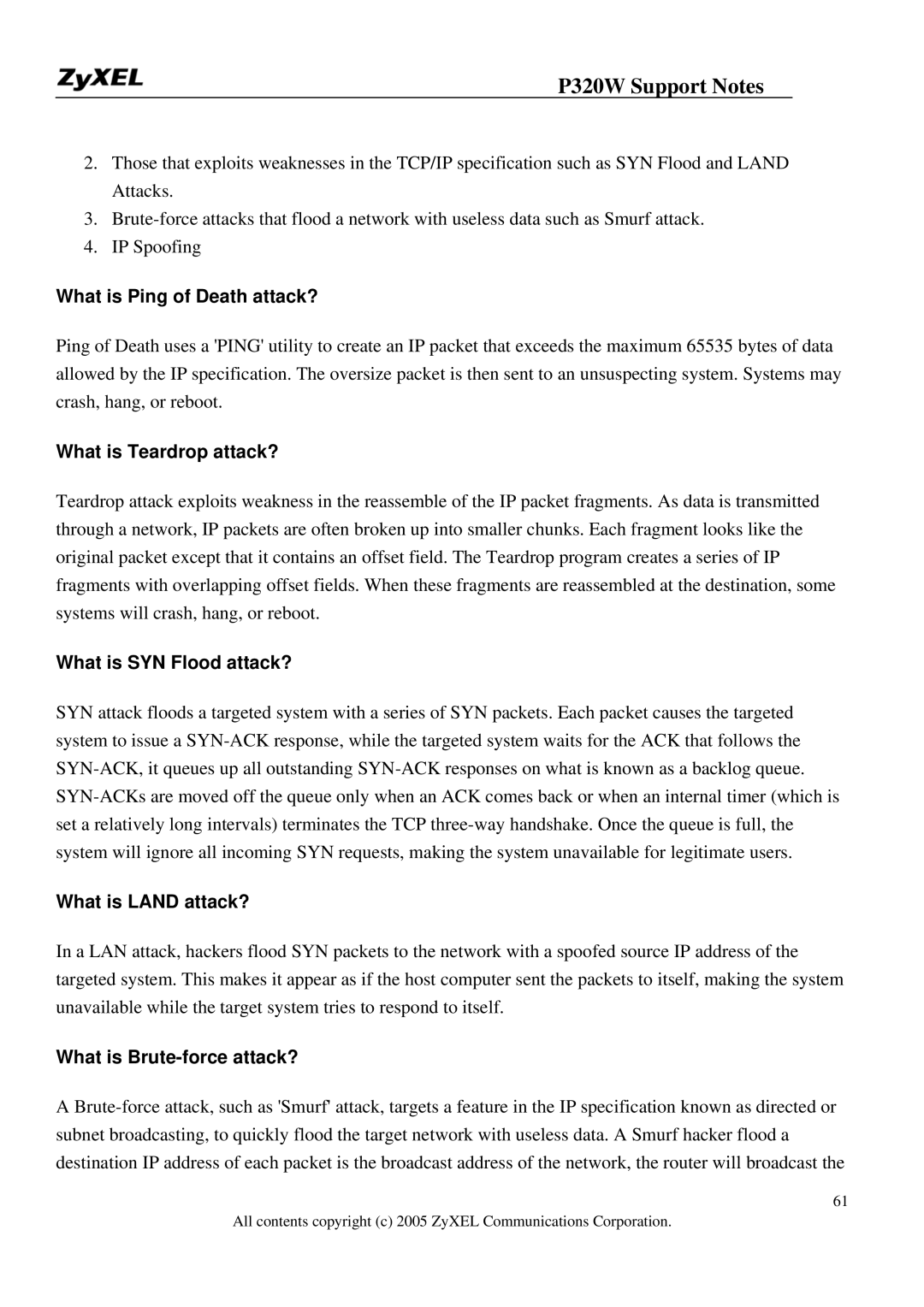 ZyXEL Communications 320W manual What is Ping of Death attack?, What is Teardrop attack?, What is SYN Flood attack? 