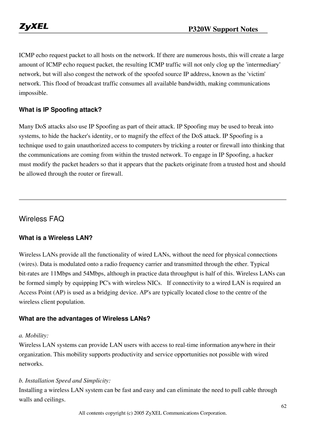 ZyXEL Communications 320W What is IP Spoofing attack?, What is a Wireless LAN?, What are the advantages of Wireless LANs? 