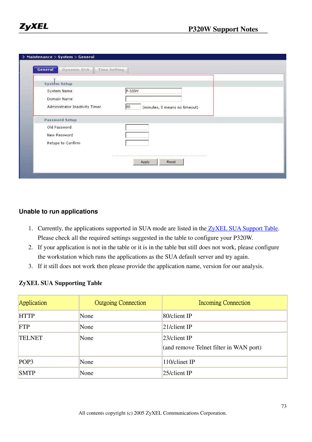ZyXEL Communications 320W manual Unable to run applications, ZyXEL SUA Supporting Table 