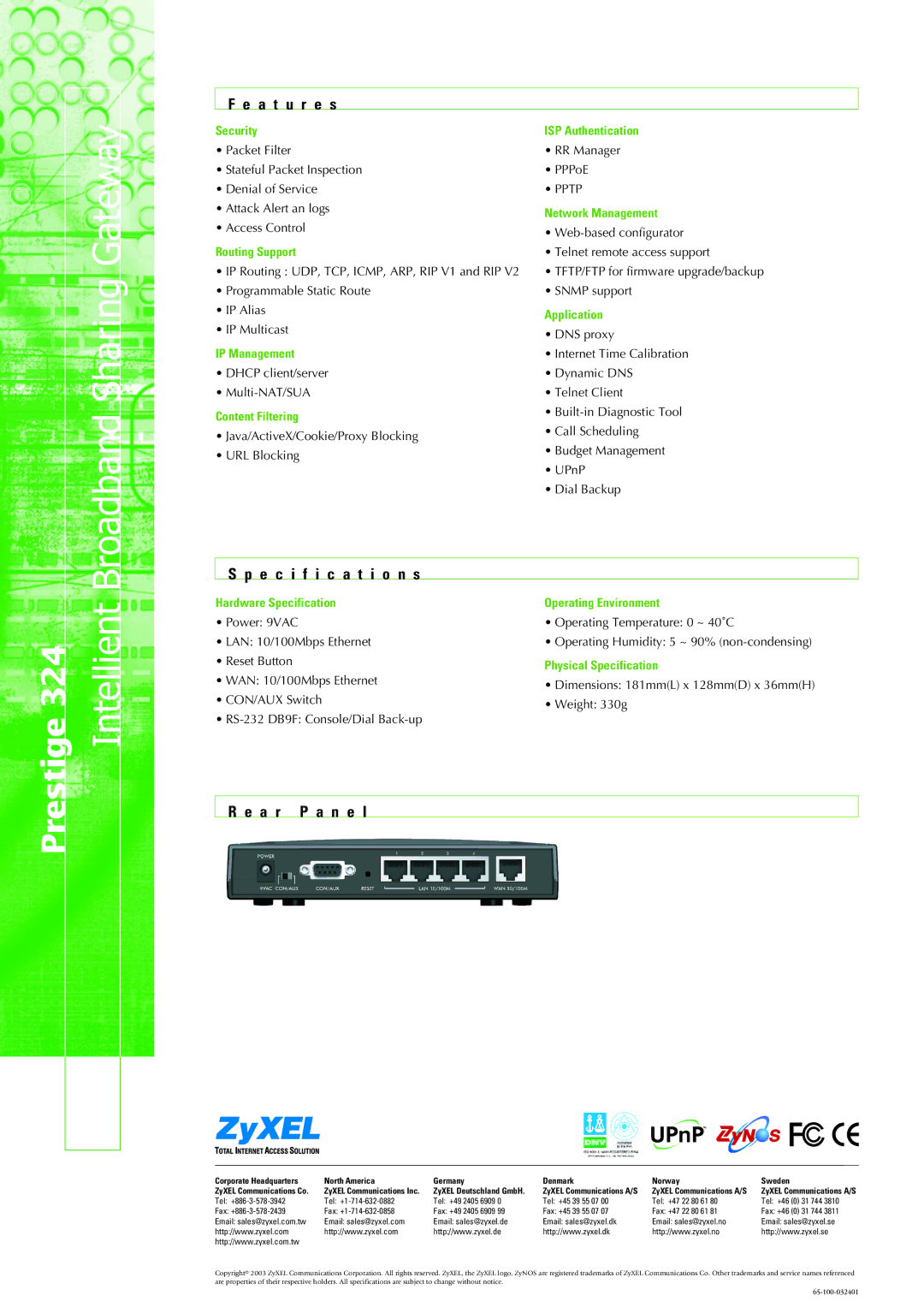 ZyXEL Communications 324 manual A t u r e s, Specification s, A r P a n e l 