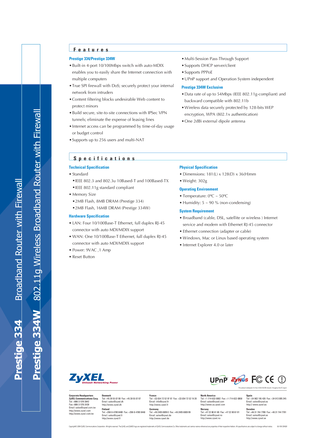 ZyXEL Communications 334W manual A t u r e s, Specification s 