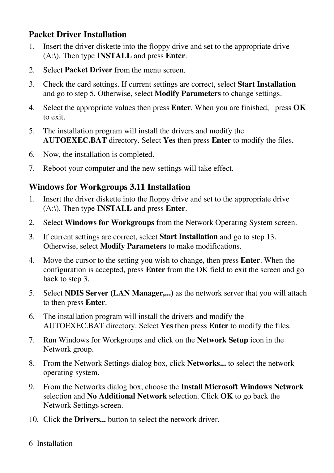 ZyXEL Communications 3356P-LAN user manual Packet Driver Installation, Windows for Workgroups 3.11 Installation 