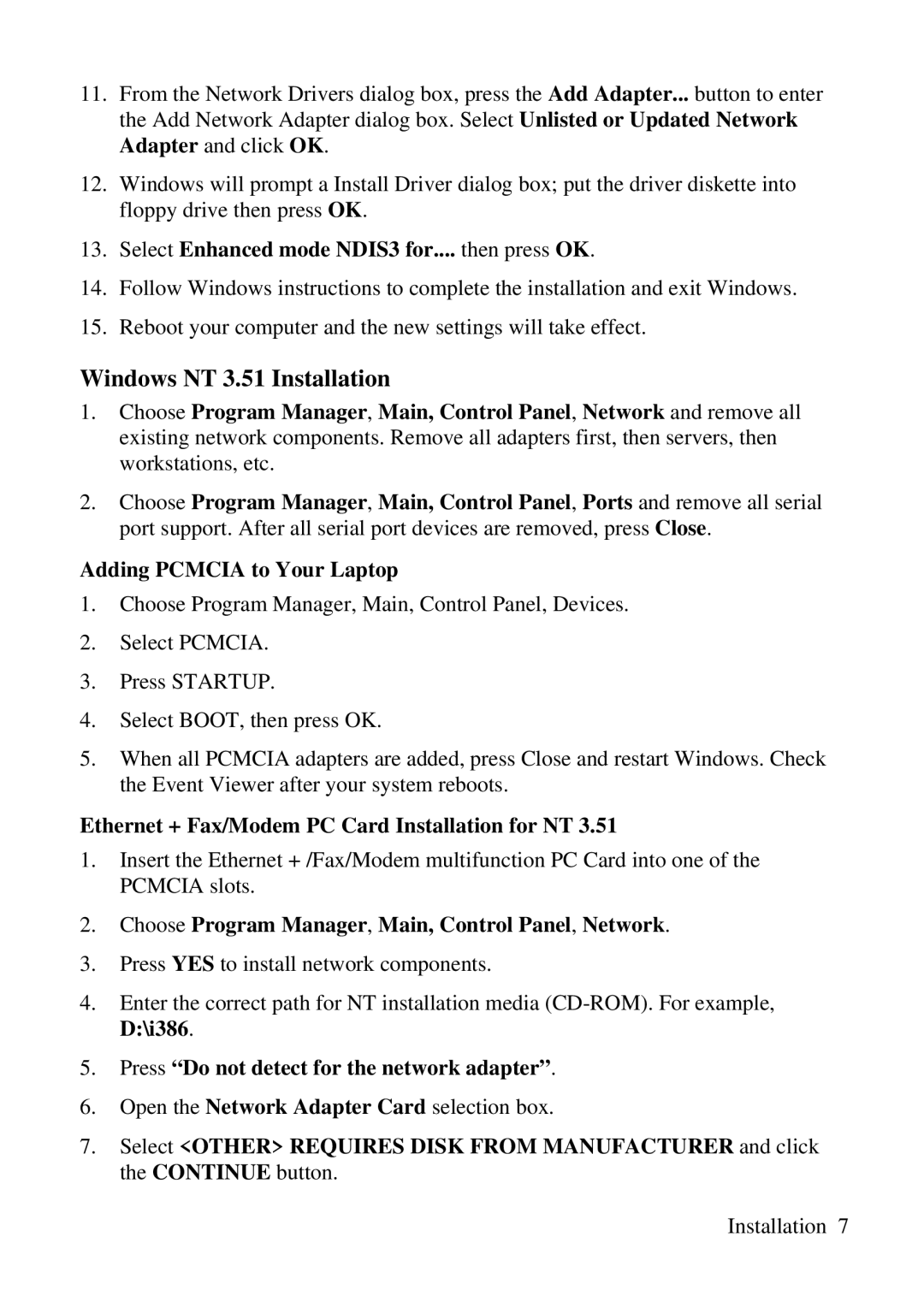 ZyXEL Communications 3356P-LAN user manual Windows NT 3.51 Installation, Select Enhanced mode NDIS3 for.... then press OK 