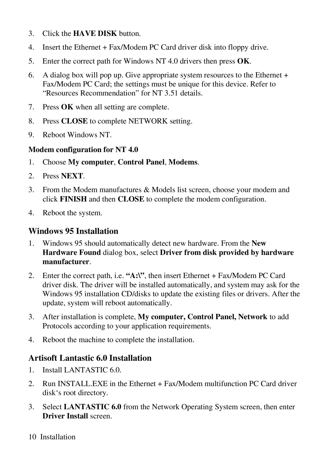 ZyXEL Communications 3356P-LAN user manual Windows 95 Installation, Artisoft Lantastic 6.0 Installation 