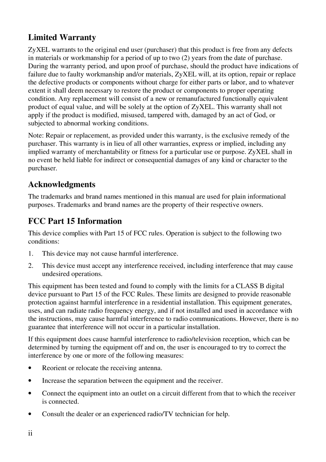 ZyXEL Communications 3356P-LAN user manual Limited Warranty, Acknowledgments, FCC Part 15 Information 