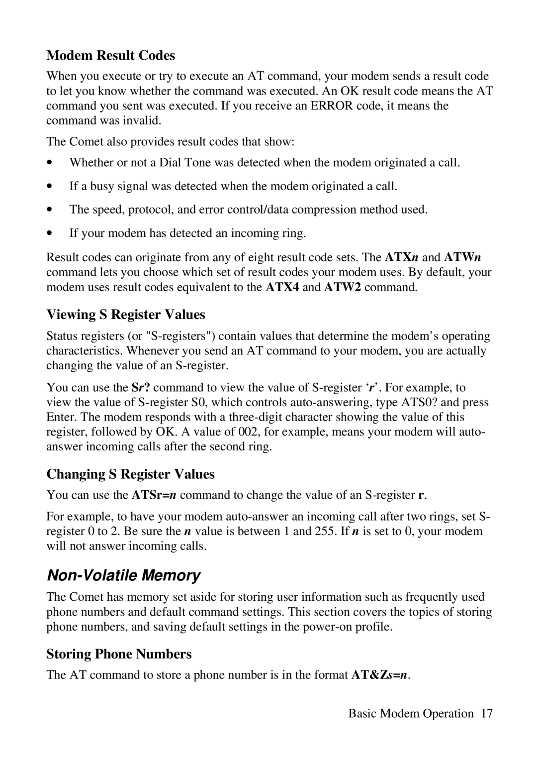 ZyXEL Communications 3356P-LAN Non-Volatile Memory, Modem Result Codes, Viewing S Register Values, Storing Phone Numbers 