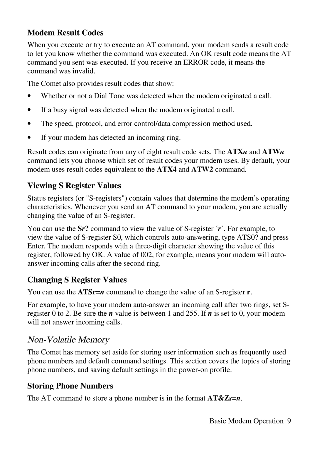 ZyXEL Communications 3356P Non-Volatile Memory, Modem Result Codes, Viewing S Register Values, Changing S Register Values 