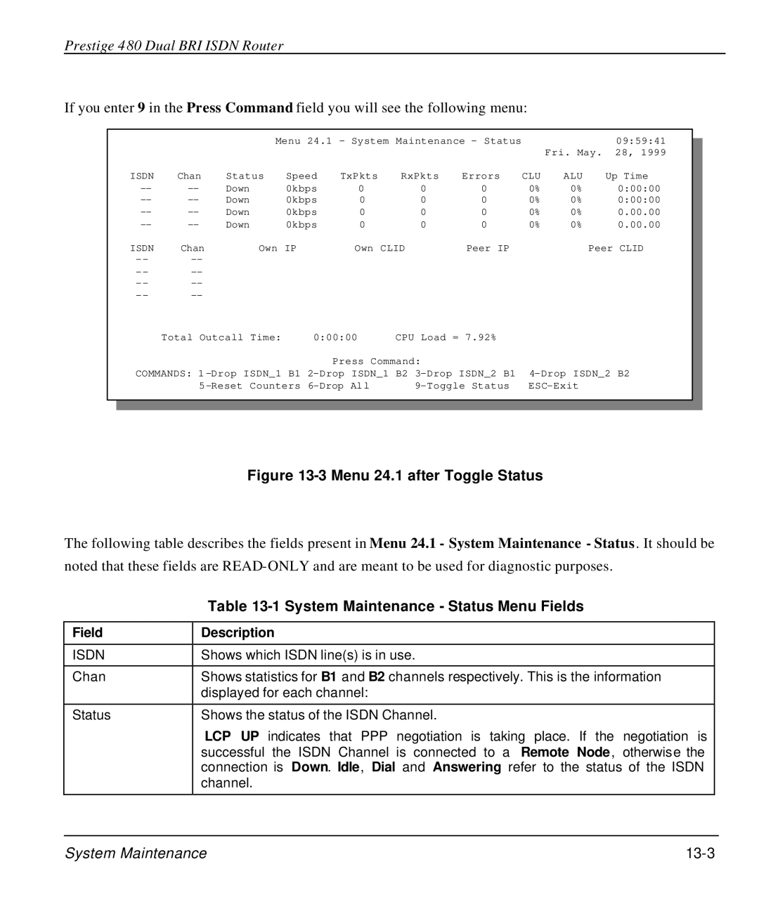 ZyXEL Communications 480 manual System Maintenance Status Menu Fields, System Maintenance 13-3 