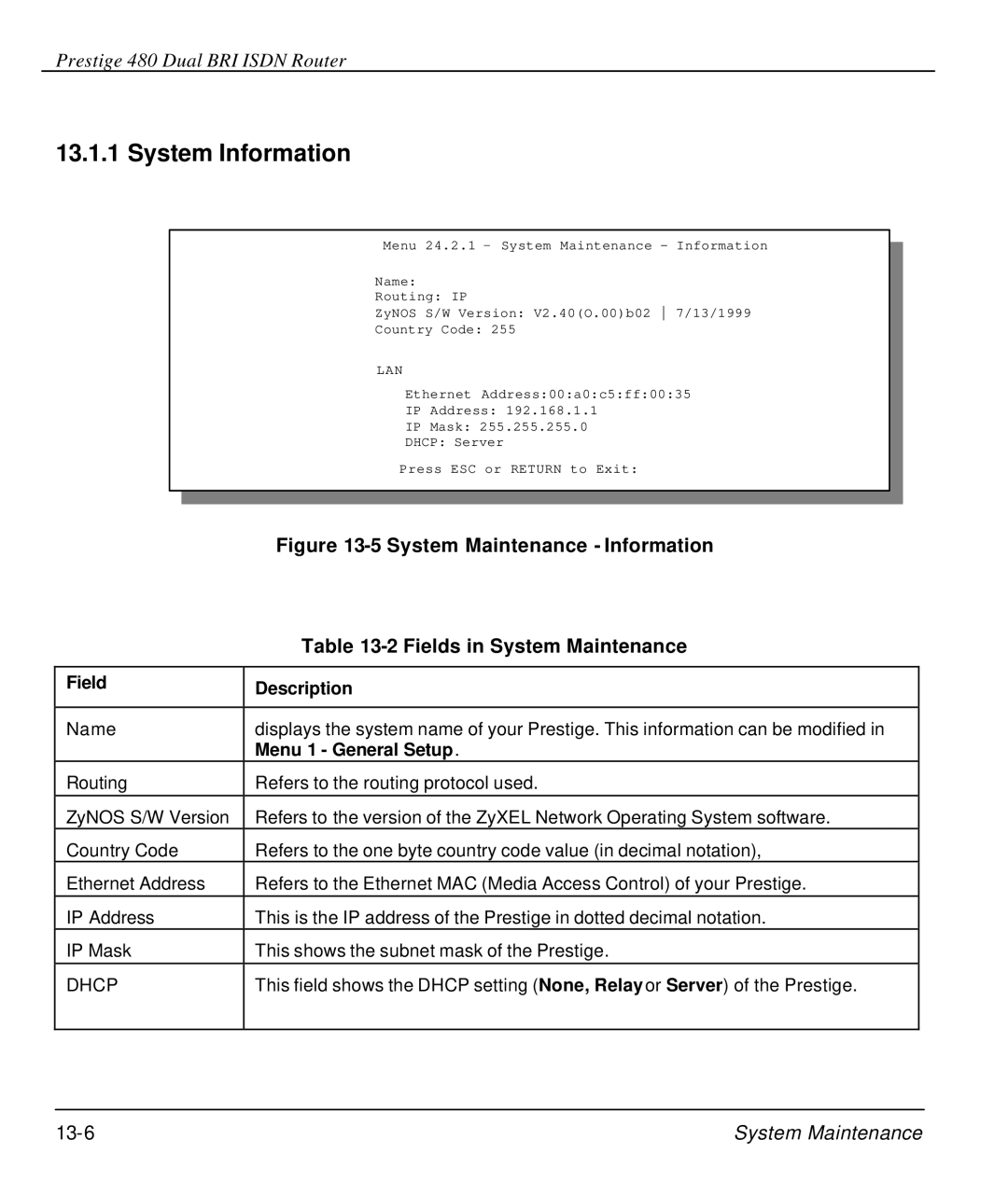 ZyXEL Communications 480 manual System Information, Menu 1 General Setup 