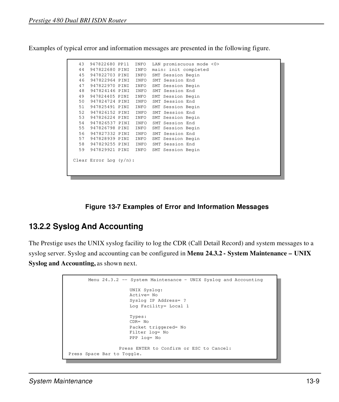 ZyXEL Communications 480 manual Syslog And Accounting, System Maintenance 13-9 