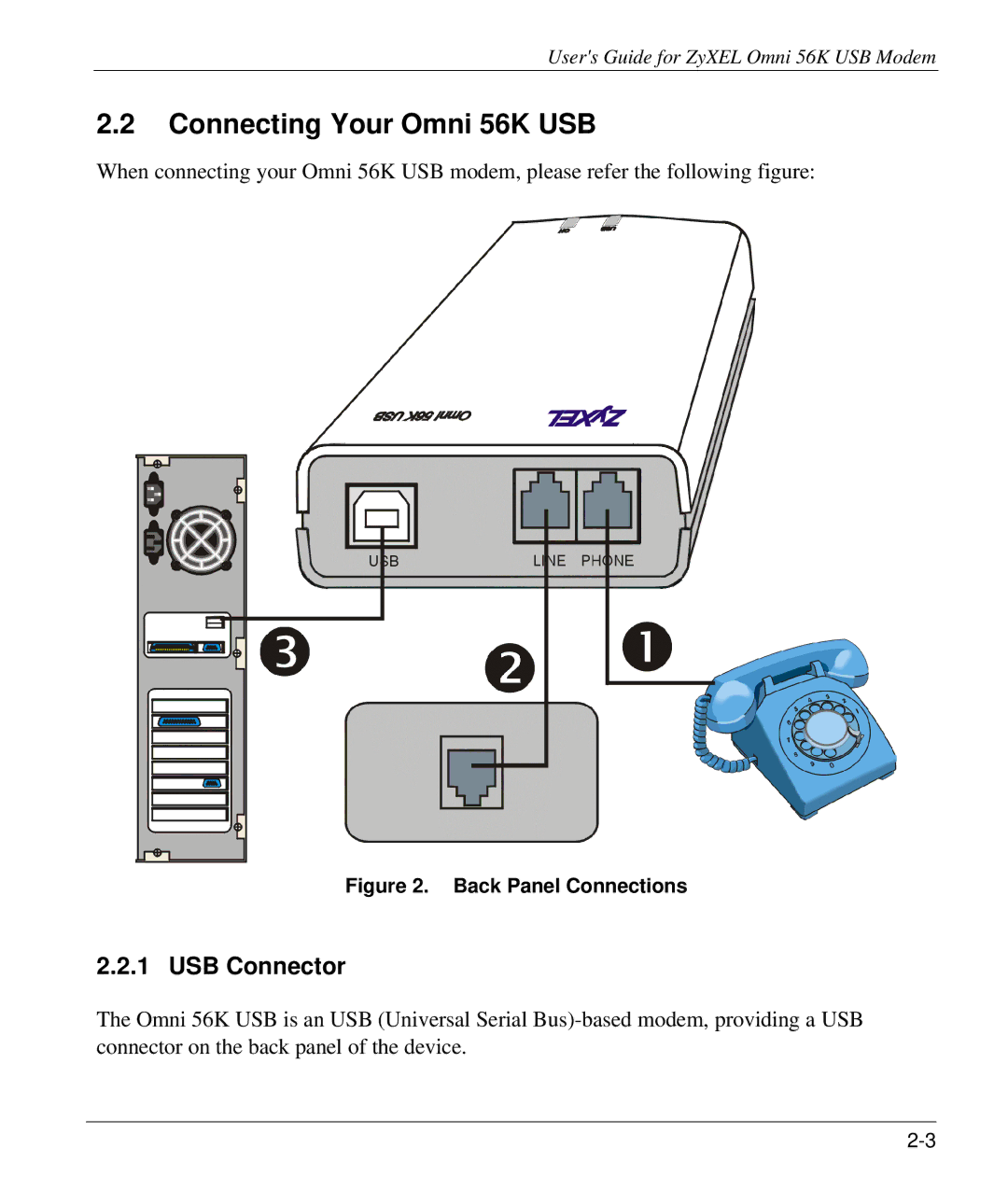 ZyXEL Communications manual Connecting Your Omni 56K USB, USB Connector 