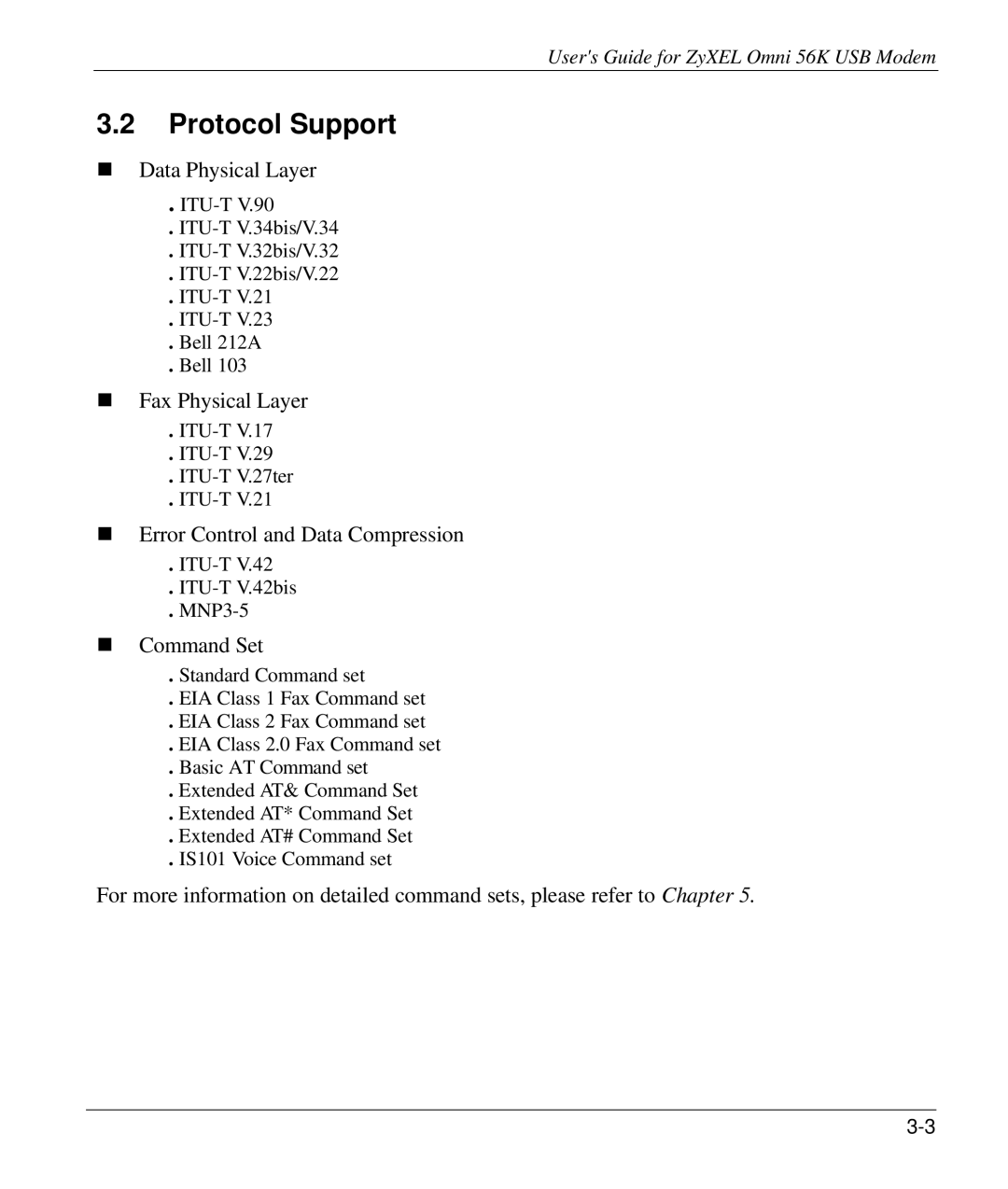 ZyXEL Communications 56K manual Protocol Support, Command Set 