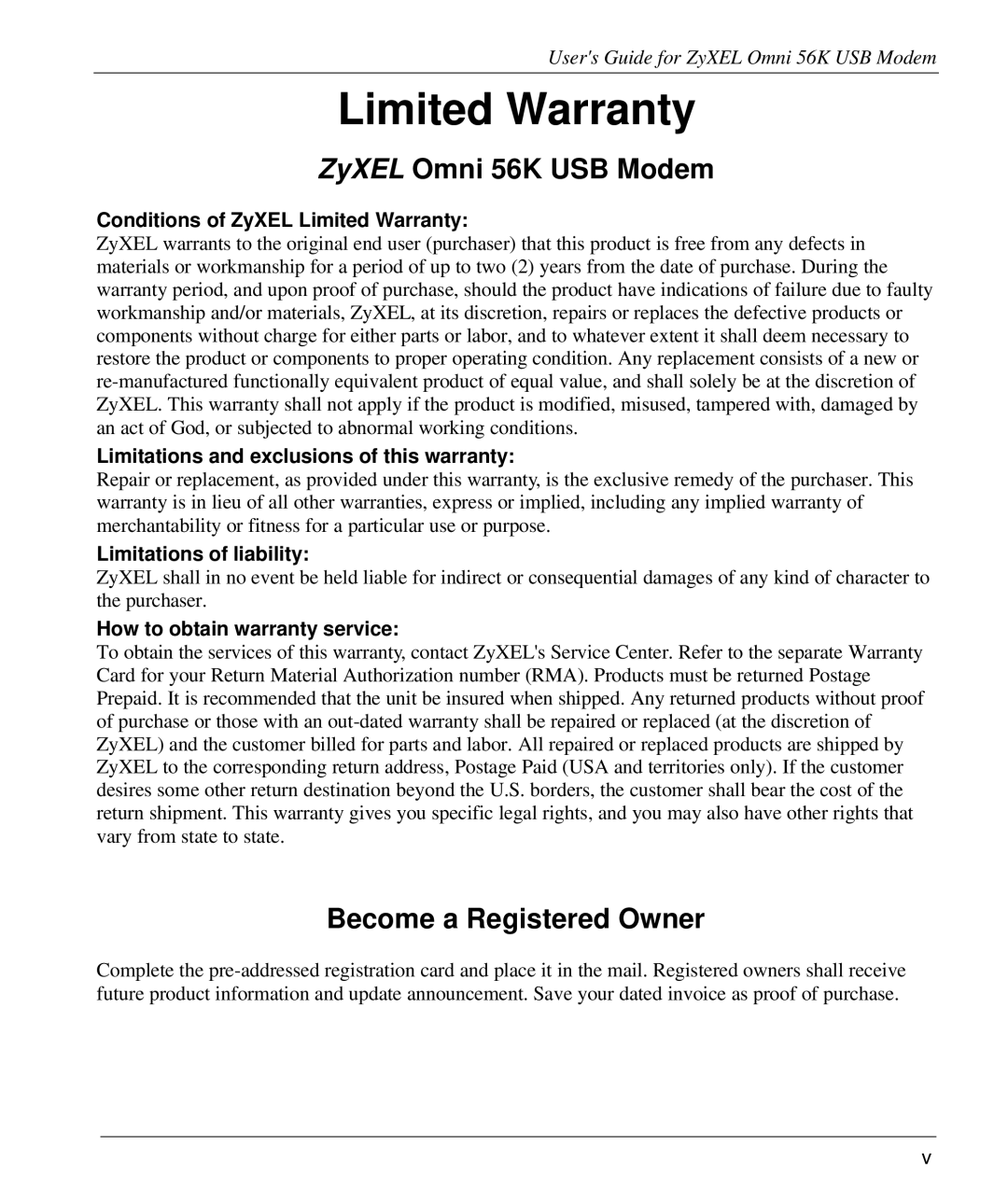 ZyXEL Communications manual ZyXEL Omni 56K USB Modem, Become a Registered Owner 