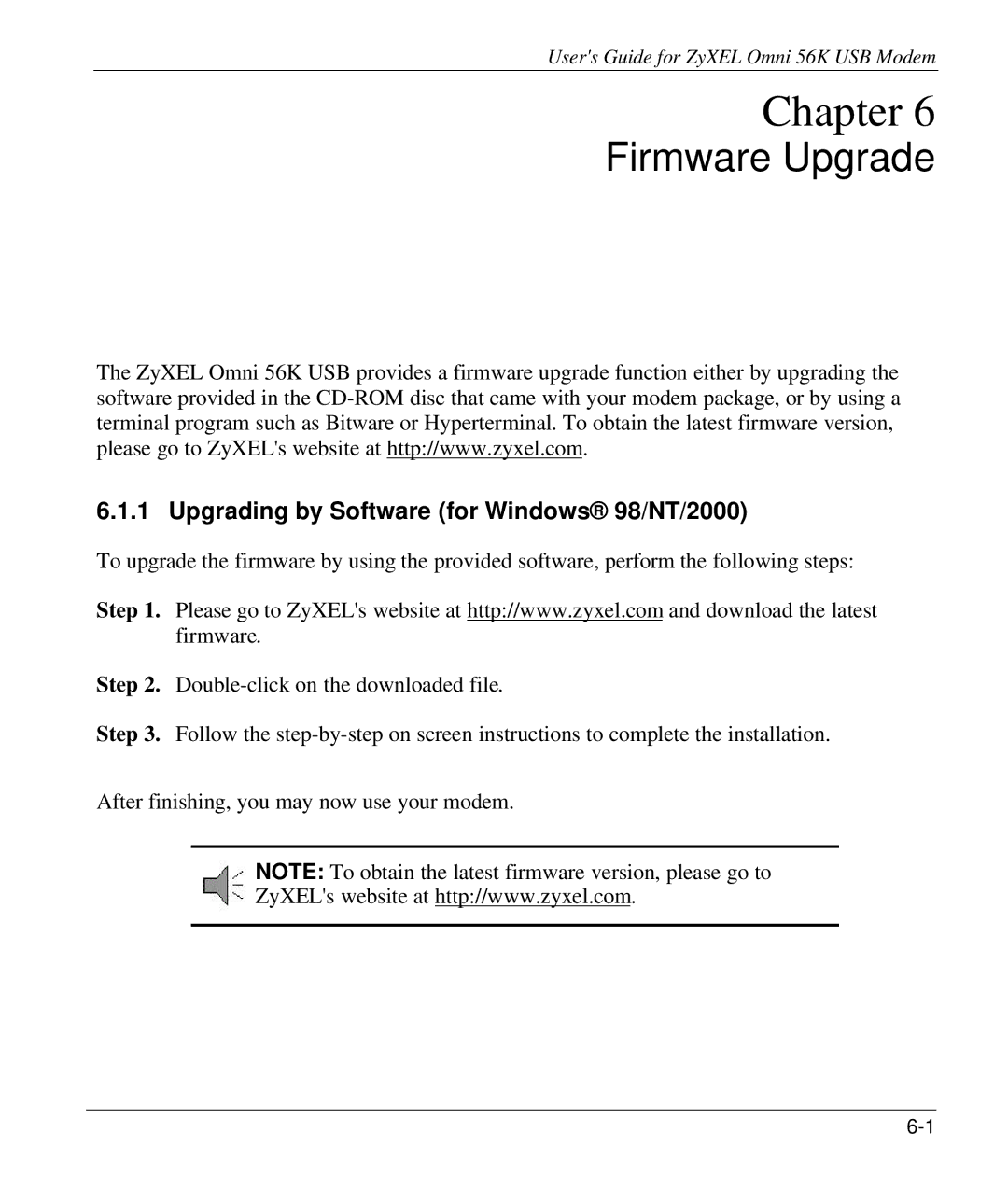 ZyXEL Communications 56K manual Firmware Upgrade, Upgrading by Software for Windows 98/NT/2000 