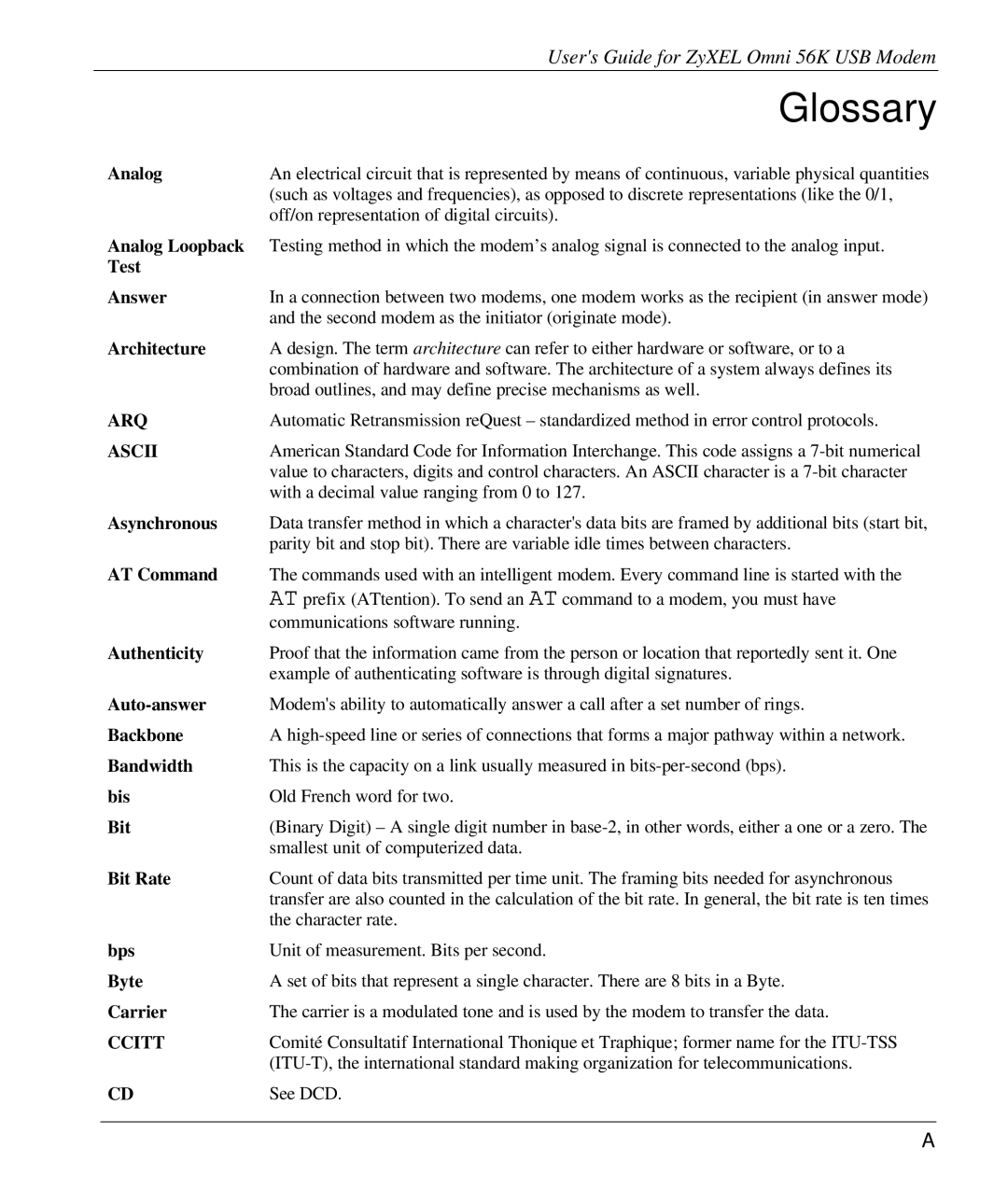 ZyXEL Communications 56K manual Arq, Ascii, Ccitt 