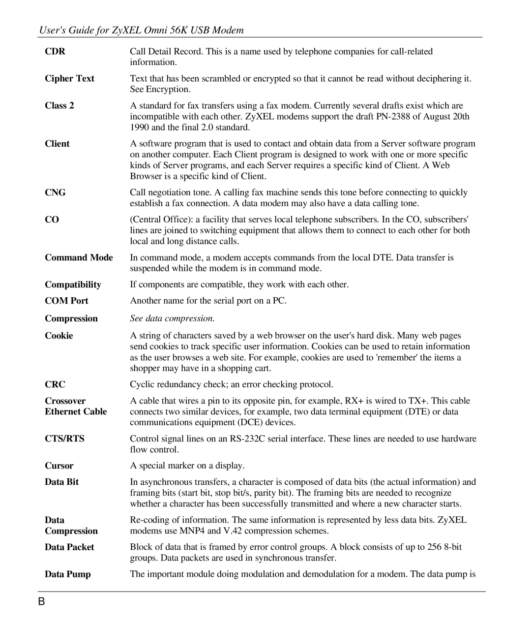 ZyXEL Communications 56K manual Cdr, Cng, Crc, Cts/Rts 