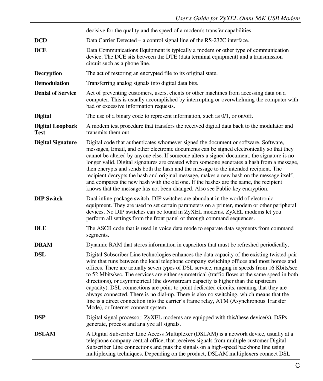 ZyXEL Communications 56K manual Dcd, Dce, Dle, Dram, Dsp, Dslam 