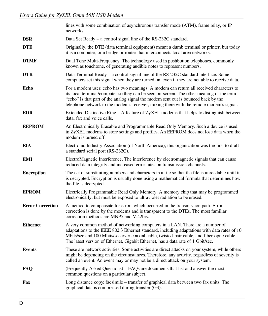 ZyXEL Communications 56K manual Dsr, Dte, Dtmf, Dtr, Edr, Eeprom, Eia, Emi, Eprom, Faq 