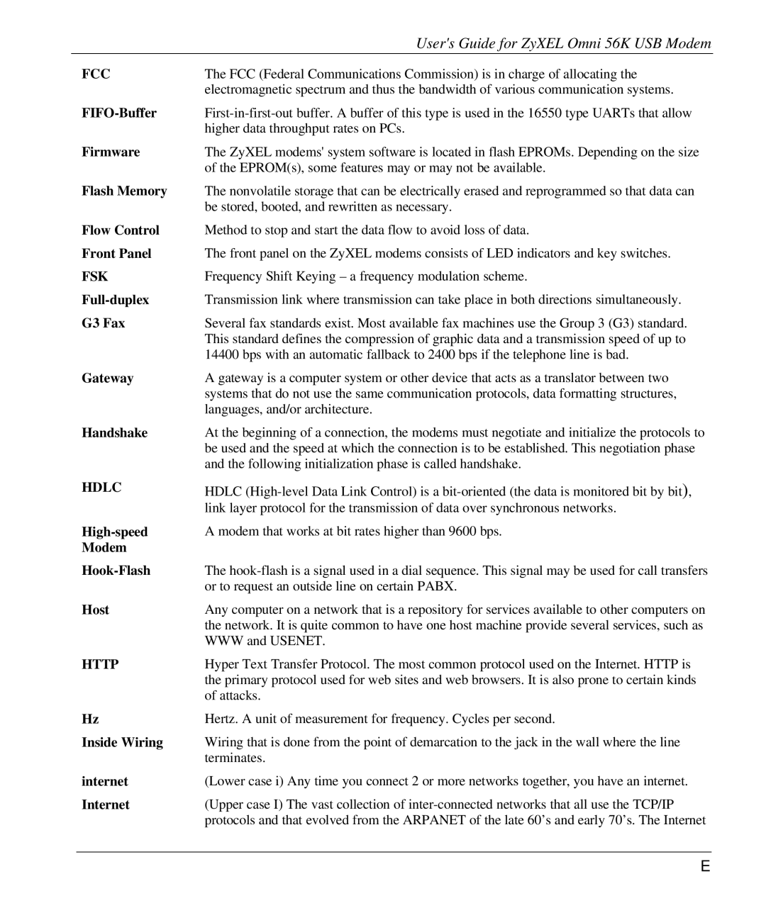 ZyXEL Communications 56K manual Fcc, Fsk, Hdlc, Http 