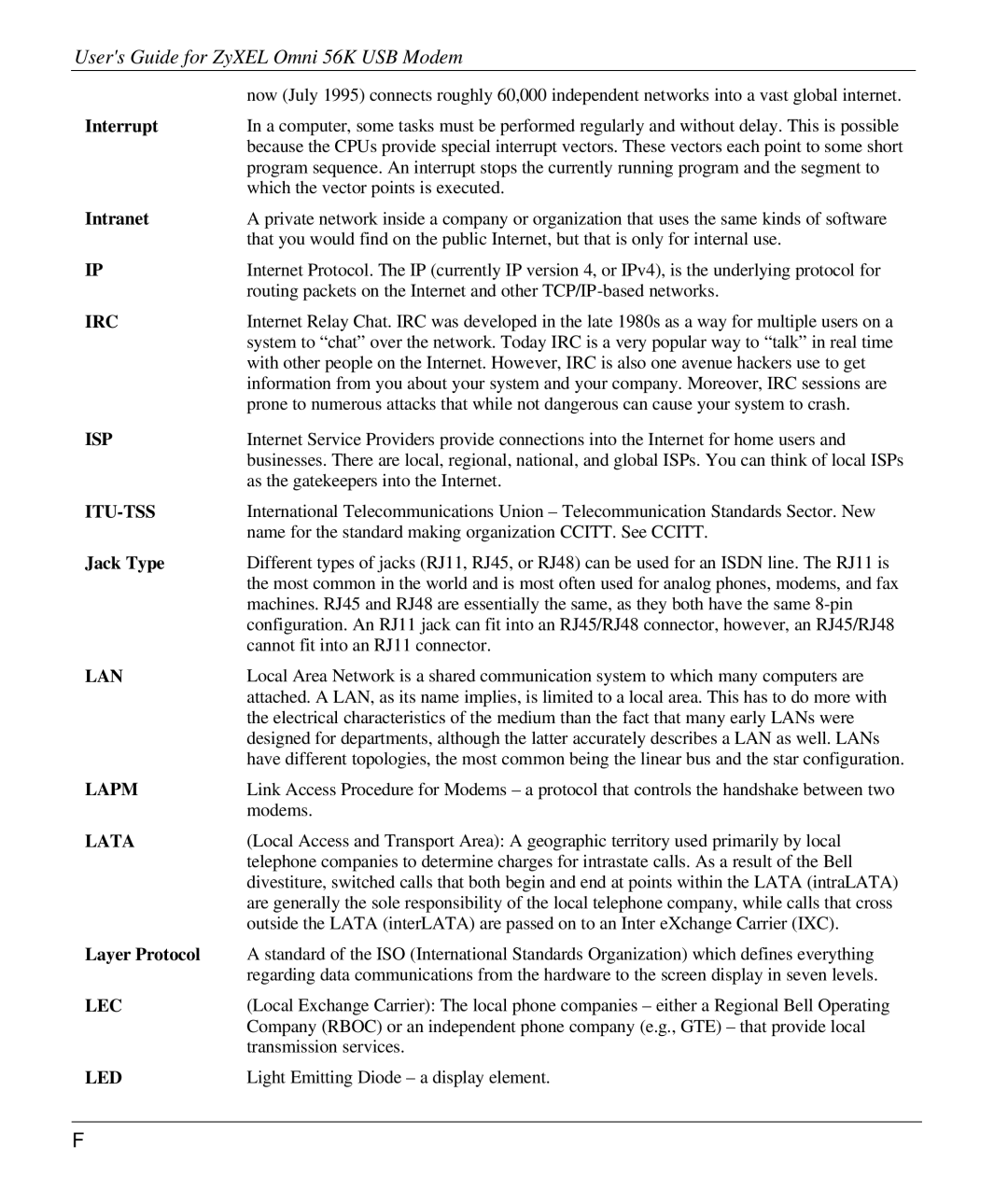ZyXEL Communications 56K manual Irc, Isp, Itu-Tss, Lan, Lapm, Lata, Lec, Led 
