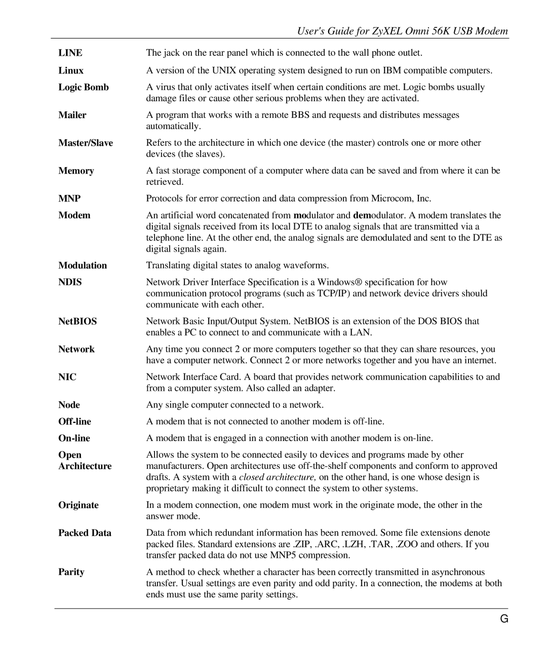 ZyXEL Communications 56K manual Line, Mnp, Ndis, Nic 
