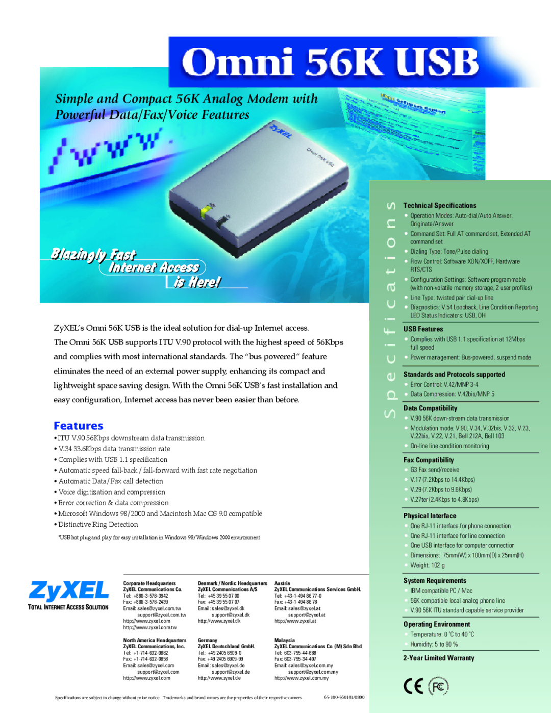 ZyXEL Communications 56K specifications Technical Specifications, USB Features, Standards and Protocols supported 