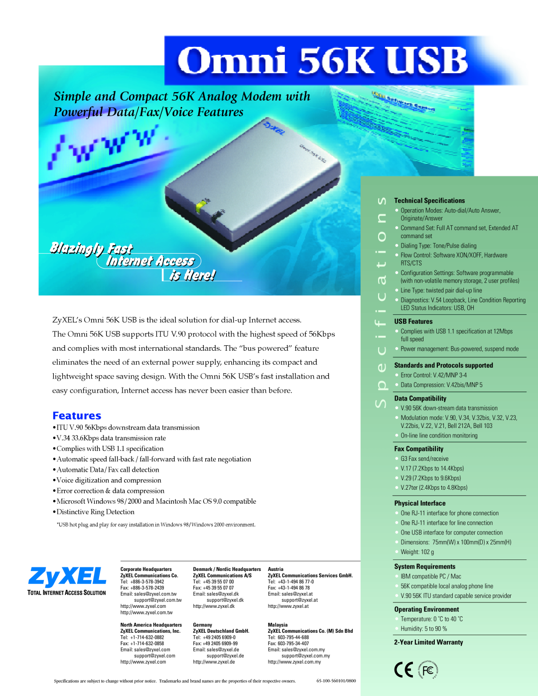 ZyXEL Communications 56K specifications S p e c i f i c a t i o n s, Blazingly Fast Internet Access is Here, Features 