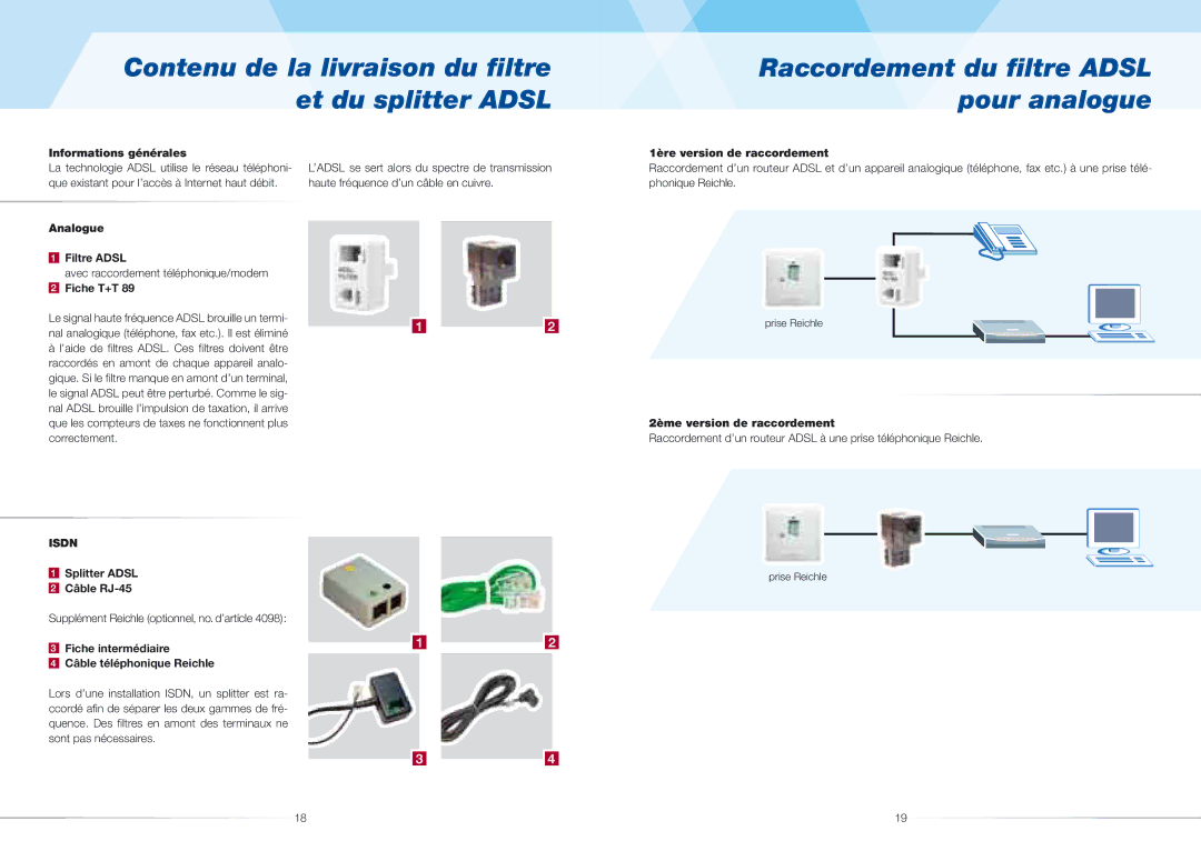 ZyXEL Communications 623ME(-I) Informations générales, Analogue Filtre Adsl, Fiche T+T, Splitter Adsl Câble RJ-45 