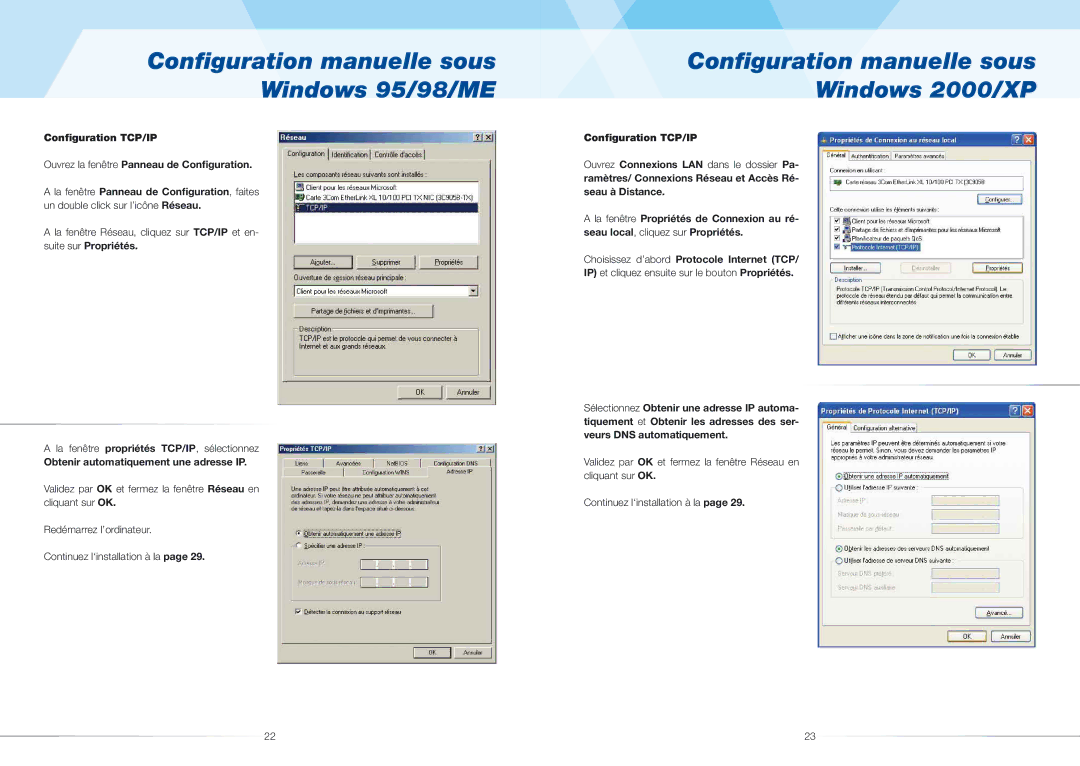 ZyXEL Communications 623ME(-I) Conﬁguration manuelle sous Windows 95/98/ME, Conﬁguration manuelle sous Windows 2000/XP 