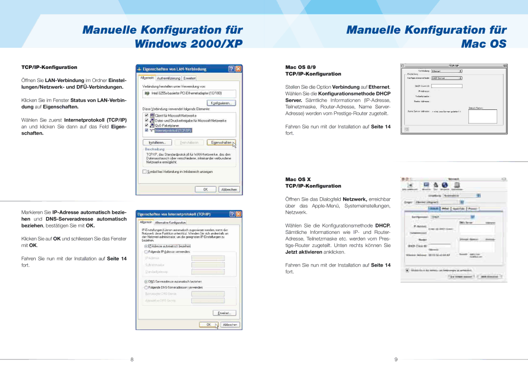 ZyXEL Communications 623ME(-I) quick start Manuelle Konﬁguration für Windows 2000/XP, Manuelle Konﬁguration für Mac OS 