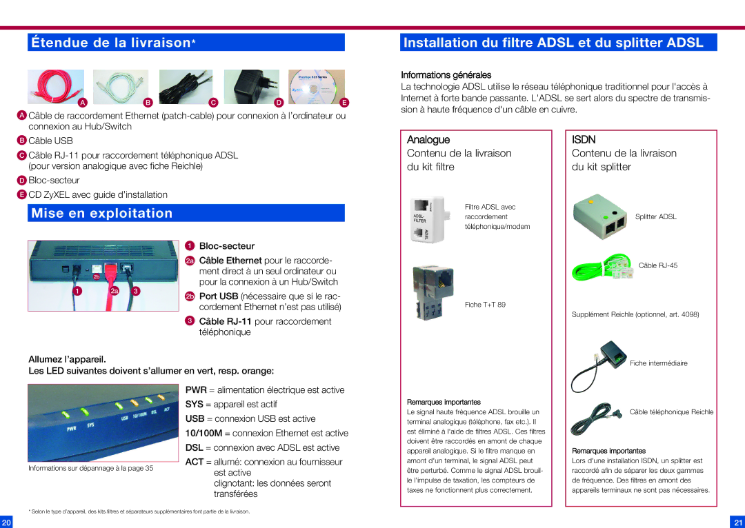 ZyXEL Communications 623ME Étendue de la livraison, Installation du filtre Adsl et du splitter Adsl, Mise en exploitation 