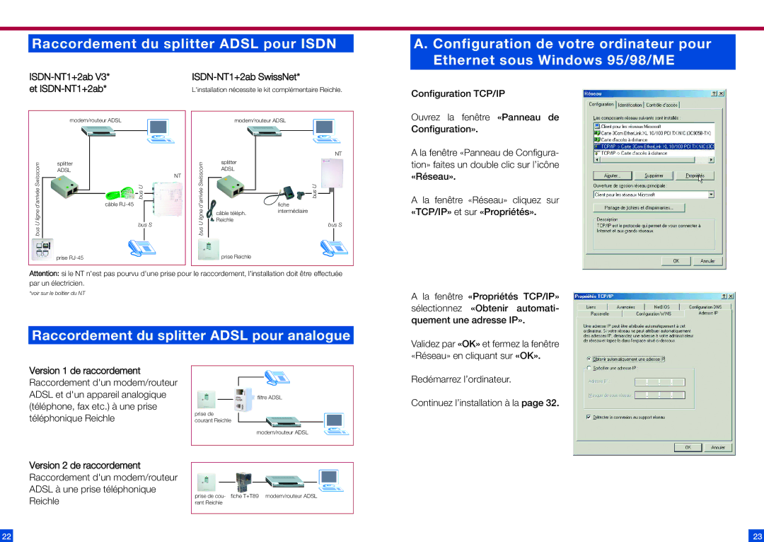 ZyXEL Communications 623ME manual Raccordement du splitter Adsl pour Isdn, Raccordement du splitter Adsl pour analogue 