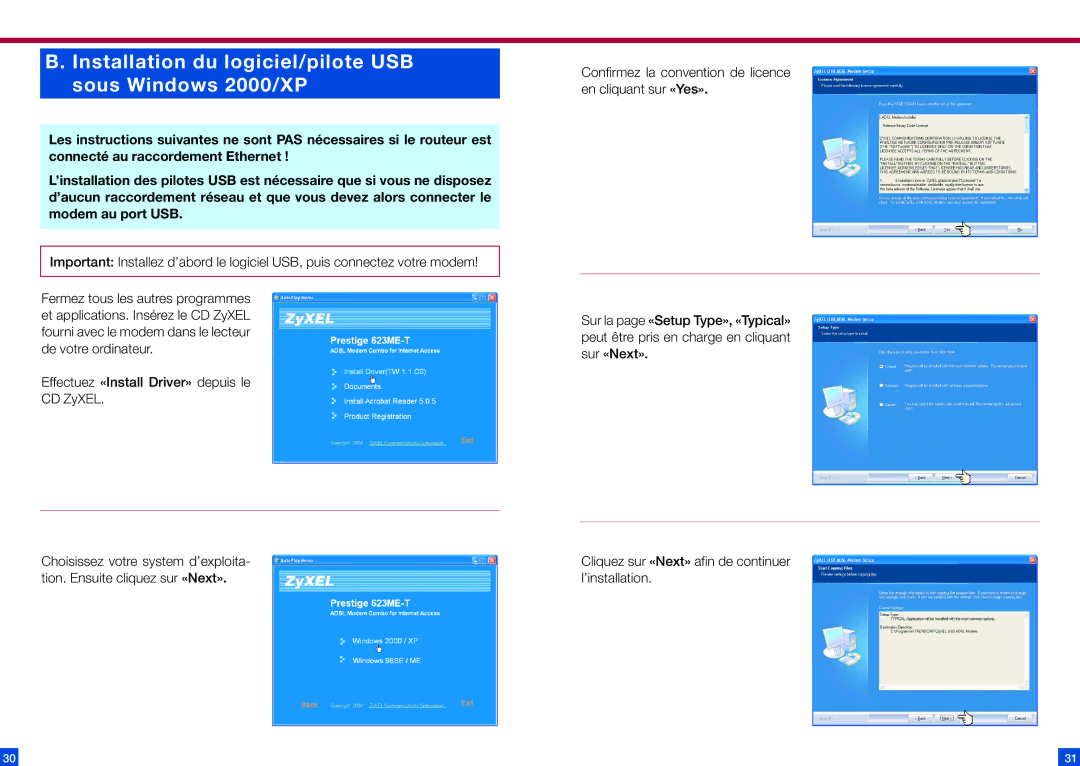 ZyXEL Communications 623ME manual Installation du logiciel/pilote USB sous Windows 2000/XP 