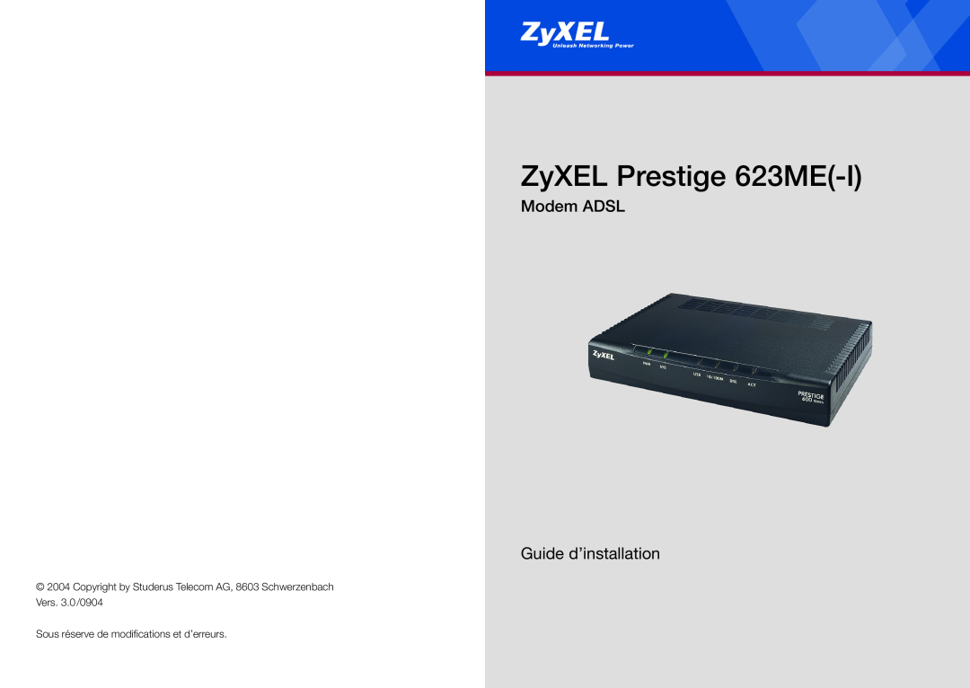 ZyXEL Communications manual ZyXEL Prestige 623ME-I, Modem ADSL Guide d’installation 