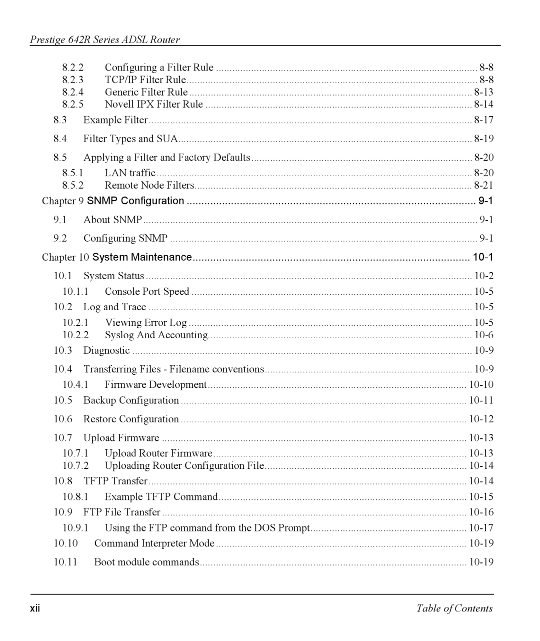 ZyXEL Communications 642R Series manual 10-1, Xii 