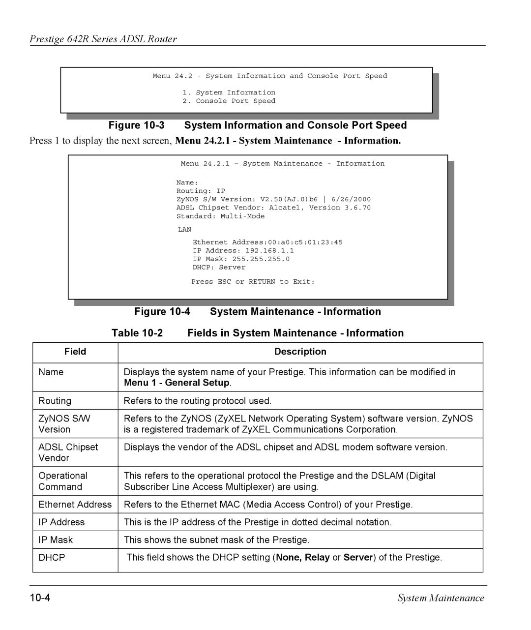 ZyXEL Communications 642R Series manual 10-4, Menu 1 General Setup 