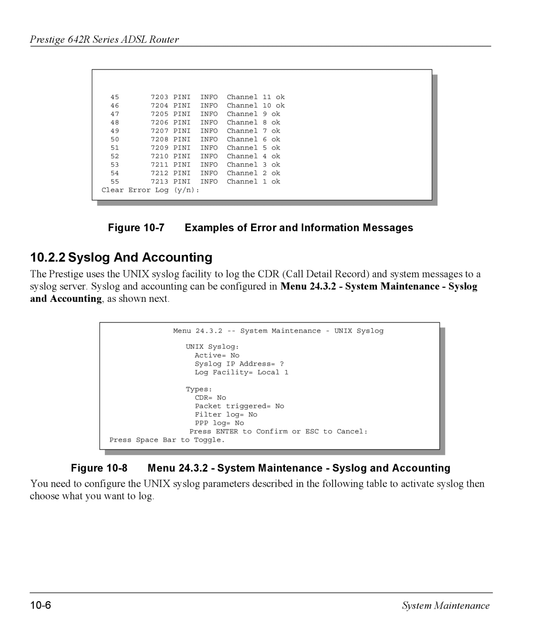 ZyXEL Communications 642R Series manual Syslog And Accounting, 10-6 