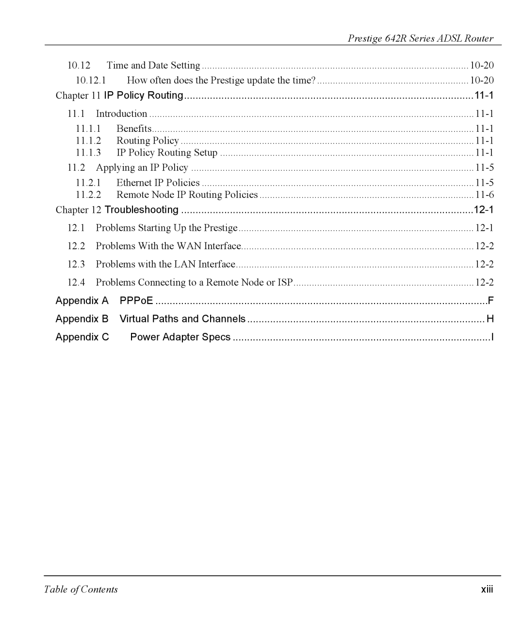 ZyXEL Communications 642R Series manual 11-1, 12-1, Xiii 