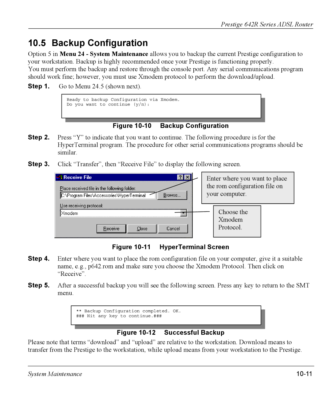 ZyXEL Communications 642R Series manual Backup Configuration, 10-11 