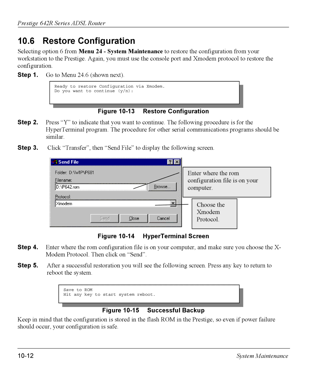 ZyXEL Communications 642R Series manual Restore Configuration, 10-12 