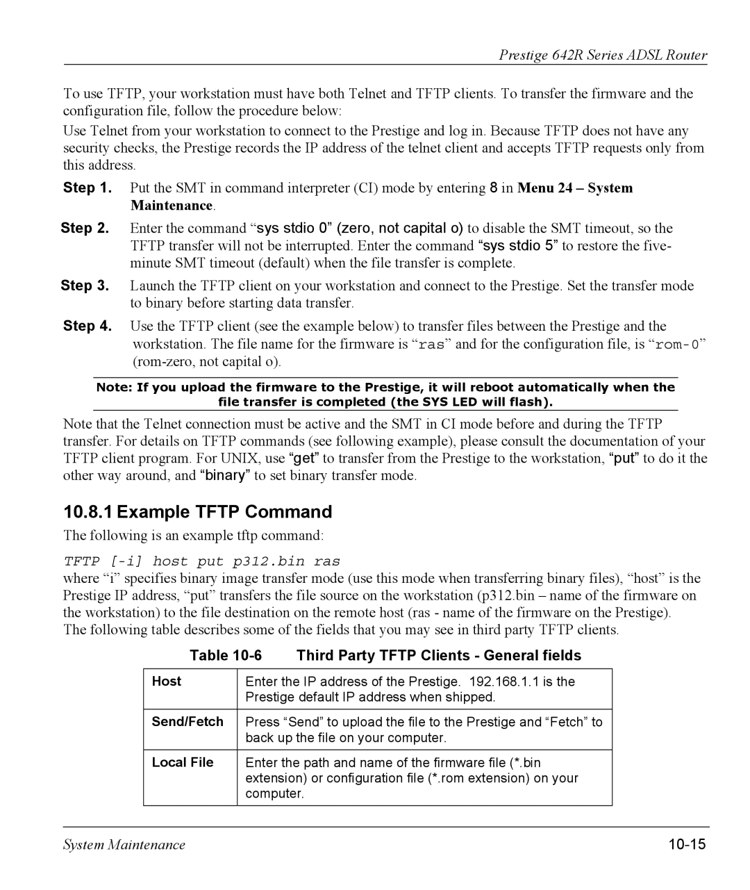 ZyXEL Communications 642R Series manual Example Tftp Command, Third Party Tftp Clients General fields, 10-15 