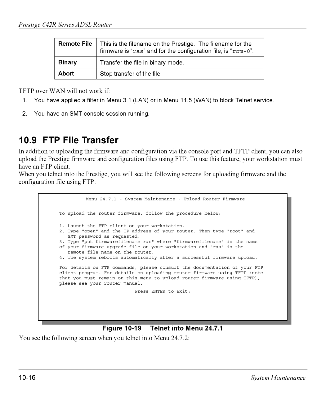 ZyXEL Communications 642R Series manual FTP File Transfer, 10-16, Remote File, Binary, Abort 