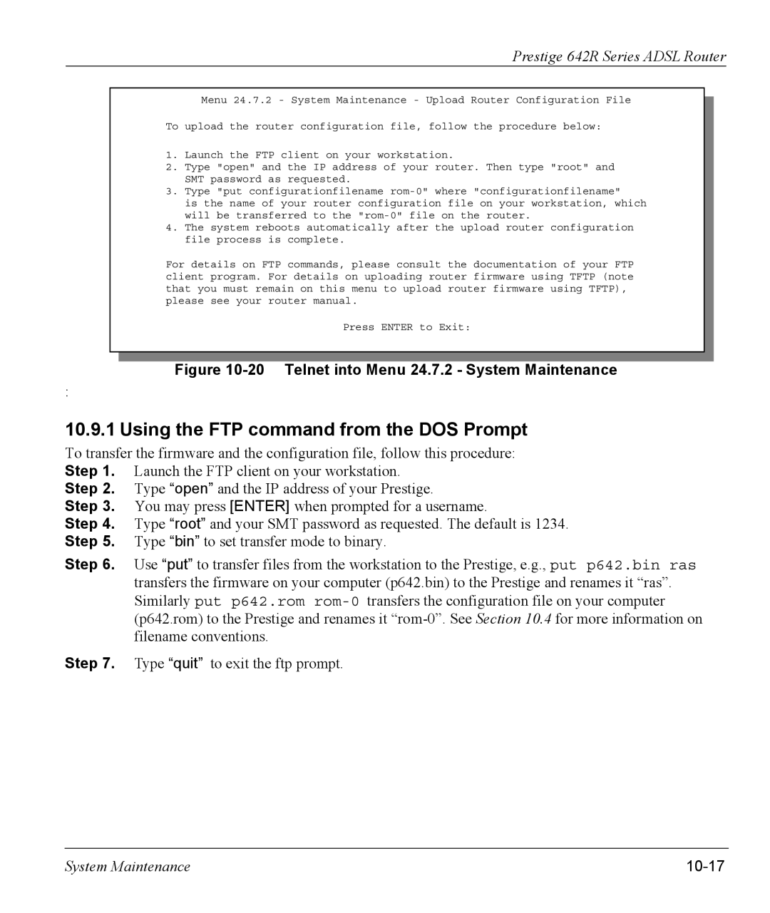 ZyXEL Communications 642R Series manual Using the FTP command from the DOS Prompt, 10-17 