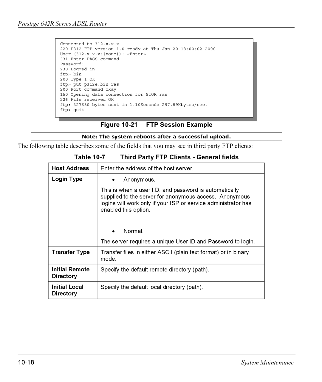 ZyXEL Communications 642R Series manual Third Party FTP Clients General fields, 10-18 