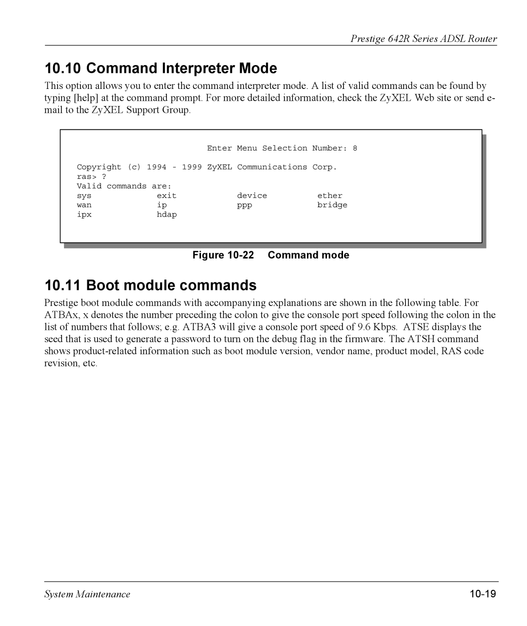 ZyXEL Communications 642R Series manual Command Interpreter Mode, Boot module commands, 10-19 