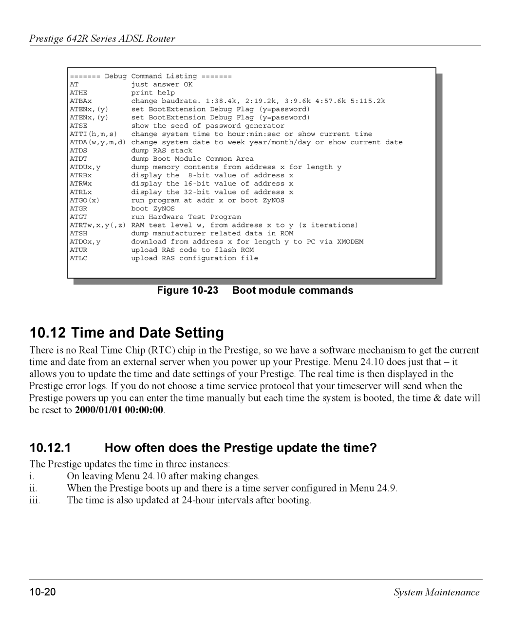 ZyXEL Communications 642R Series manual Time and Date Setting, How often does the Prestige update the time?, 10-20 